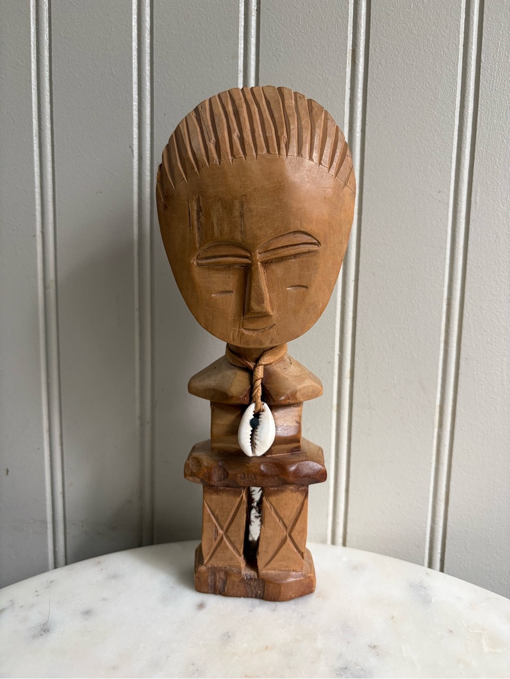 Hand-Carved Wooden Akua’ba Fertility Doll w/Cowrie Shell Pendant Wall Decor Boho